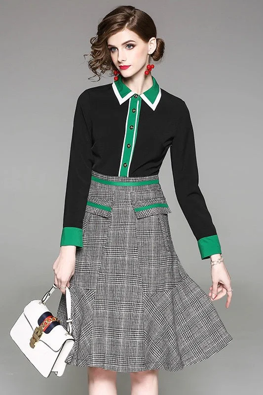 Shirt Collar Plaid Midi Dress