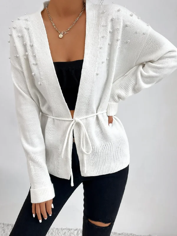 Casual Plain Pearls Long Sleeve Regular Women Cardigan