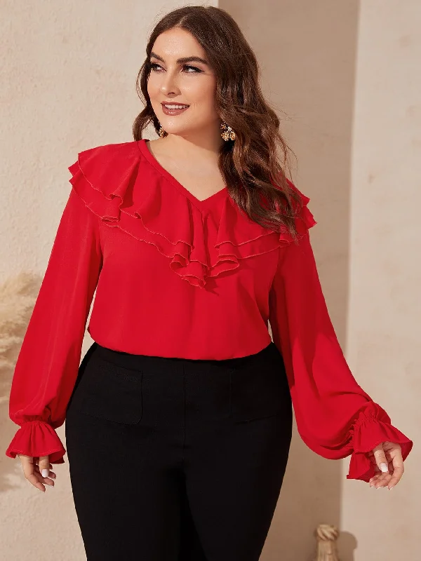 Plain Exaggerated Ruffle Long Sleeve V Neck Regular Plus Size Blouse