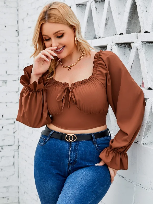 Plain Tie Front Long Sleeve Sweetheart Crop Plus Size Blouse