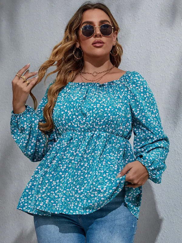 Ditsy Floral Ruffle Hem Long Sleeve Scoop Neck Flared Regular Plus Size Blouse