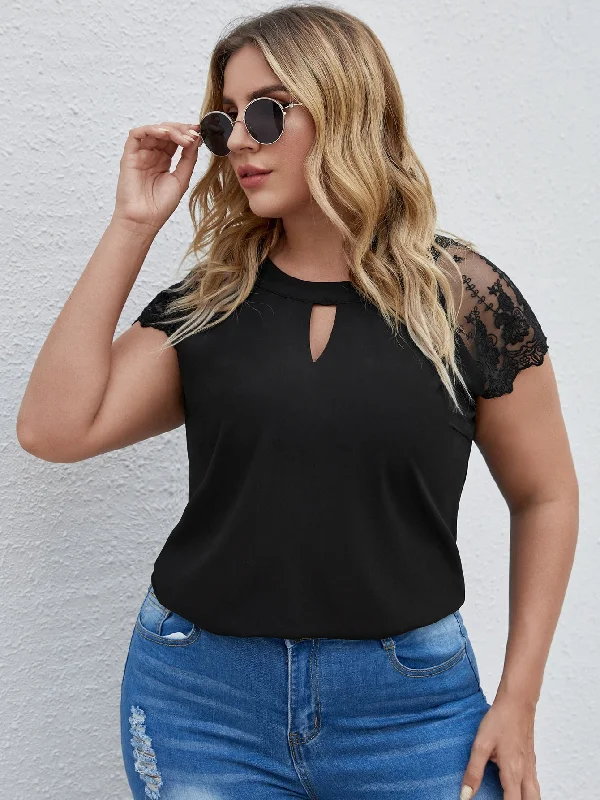 Plain Cut Out Short Sleeve Keyhole Neckline Regular Plus Size Blouse